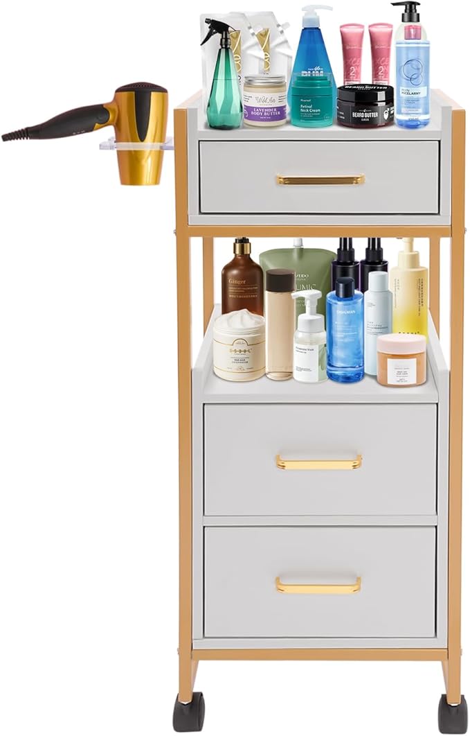 Beauty Salon Tool Organizer, Salon Trolley with Lockable Wheels Barber Cart, Make-Up Organizer Beauty Equipment Storage Trolley with Hair Dryer Rack for Spa, Barber Store, Beauty Salon (Gold, White)