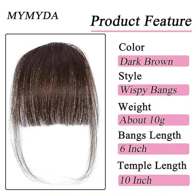 Clip in Bangs Dark Brown Color 100% Real Human Hair Wispy Clip on Bangs Extensions Fringe with Temples Hairpieces for Women