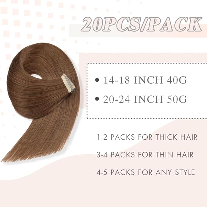 Tape Ins Hair Extensions Human Hair 20pcs 24 Inches Hair Extensions for White Women Invisible Seamless Tape in Extensions Human Hair Skin Weft Medium Brown (6#)
