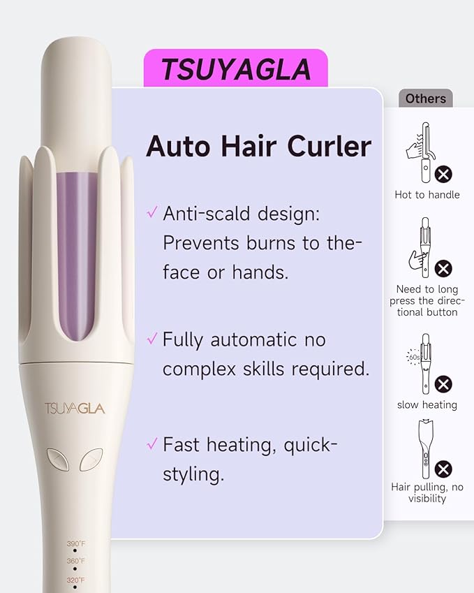 Automatic Hair Curler, 1 1/4 Inch Rotating Curling Iron with 3 Temp, 500 Million Ionic, 2-Way Rotation,10S Fast Heating, Anti-Scald, Anti-Tangle Rotating Curling Wand for Long Hair