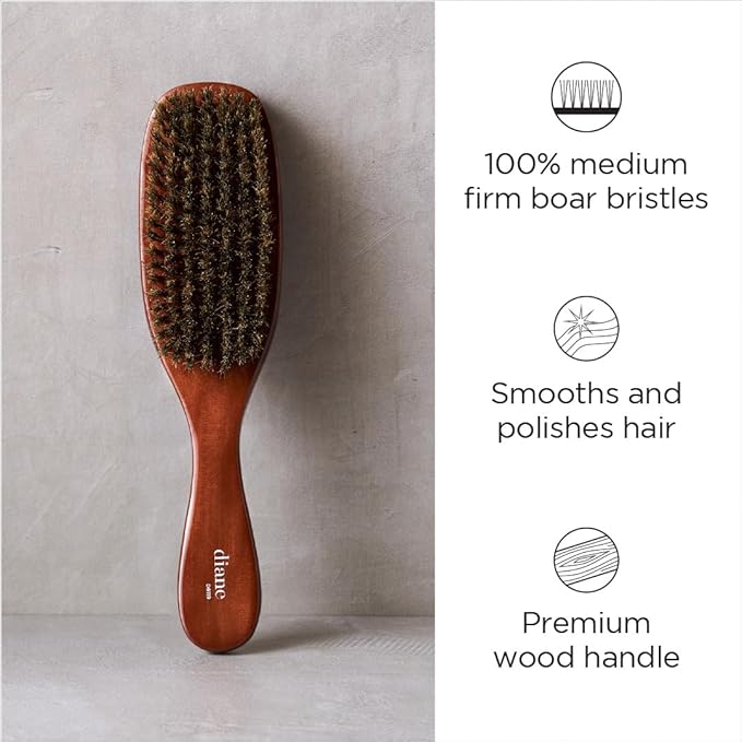 Diane Premium 100% Boar Wave Brush for Men and Barbers, Mens Hair Brush– Medium Bristles for Thick Coarse Hair – Use for Detangling, Smoothing, Wave Styles, Soft on Scalp, Restore Shine and Texture