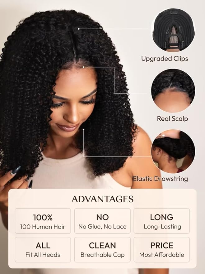 YIROO EasiContour V Part Wigs Human Hair Jerry Curly Glueless Human Hair Wigs Upgraded U Part Curly Wigs No Leave Out No Gel V Shape Clip in Half Wig Beginner Friendly Ready to Go Wig 18 inch