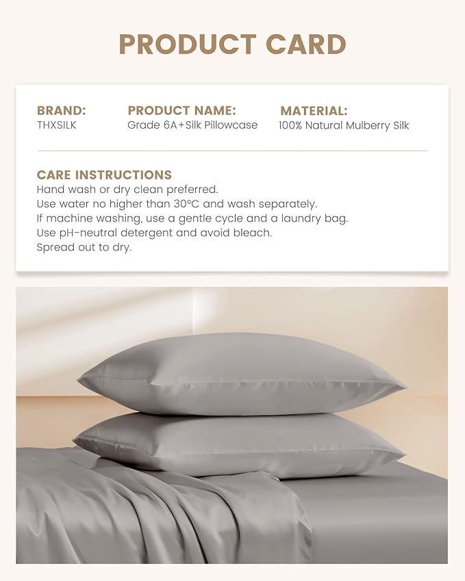 THXSILK Set of 2 100% Natural Mulberry Silk Pillowcase for Hair and Skin, 19 Momme Pillowcases with Hidden Zipper, Soft Breathable Smooth Both Sided Silk Pillow Cover(Standard 20“x26, Grey)