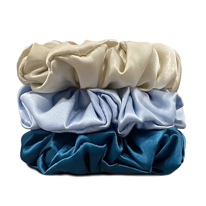 Suncdelv Silk,100% Silk Scrunchies for Hair,22 Momme Hair Ties for Anti-Crease & Breakage,Natural Women Hair Accessories，Fashion Hairbands 3PCS（Sapphire Blue）
