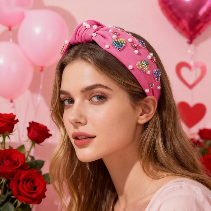Valentines Day Elegant Pearl Headband, Hot Pink Rhinestone Hearts Design for Women Girls, Cute Wide Knotted Hair Band with Crystal Embellishments for Party Fashion Christmas New Year Hair Accessories