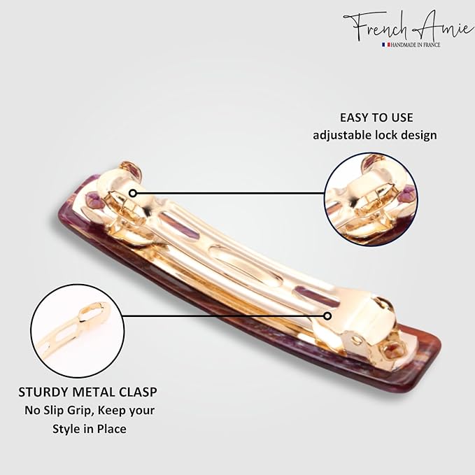 French Amie Small 2 1/4 inch Celluloid Handmade Hair Barrette No Slip Grip Durable Styling Women Hair Accessories Hair Clip for Girls, Made in France(Purple Touch)