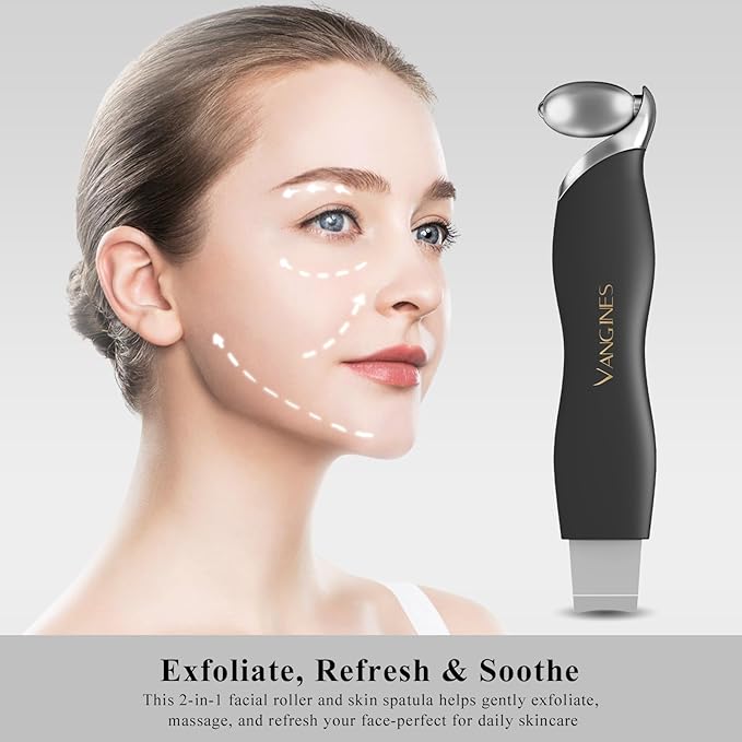 Blackhead Scraper Tool & Skin Scrubber Face Spatula for Blackhead Removal, Pore Cleaning, with Cooling Ice Roller & 2 Silicone Brush Heads (Charcoal Black)