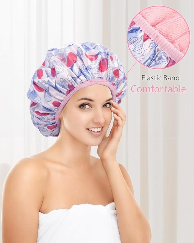 Auban Shower Cap, Shower Cap for Women Terry Cloth Lined EVA Exterior Reusable Double Layer Waterproof, Large Bath Hair Cap, Hotel Travel Essentials Accessories Cleaning Supplies (Flower)