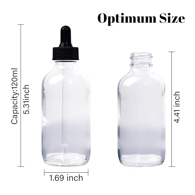 12 Pack 4oz Clear Glass Bottles with Glass Eye Droppers for Essential Oils, Perfumes & Lab Chemicals (1 Brush, 2 Funnels, 2 Extra Droppers, 24 Pieces Labels & 30ml Measuring Cup Included)