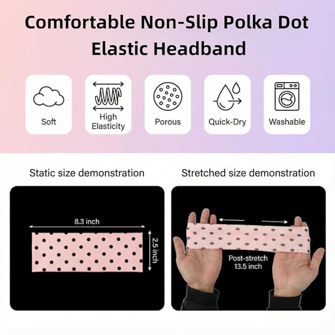 Polka Dot Headband,Stripe Head Bands 7 Pack Non Slip Soft Fabric Elastic for Girls Daily Heart Cute Hairbands, Women's Fashion Headbands
