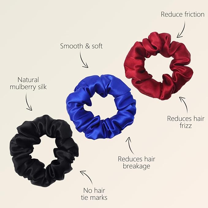 ZIMASILK 100% Mulberry Silk Hair Scrunchies – 19 Momme Elastic Silk Hair Ties for Women & Girls, Gentle No-Tug (3 Pack, Burgundy, Black, Royal Blue)