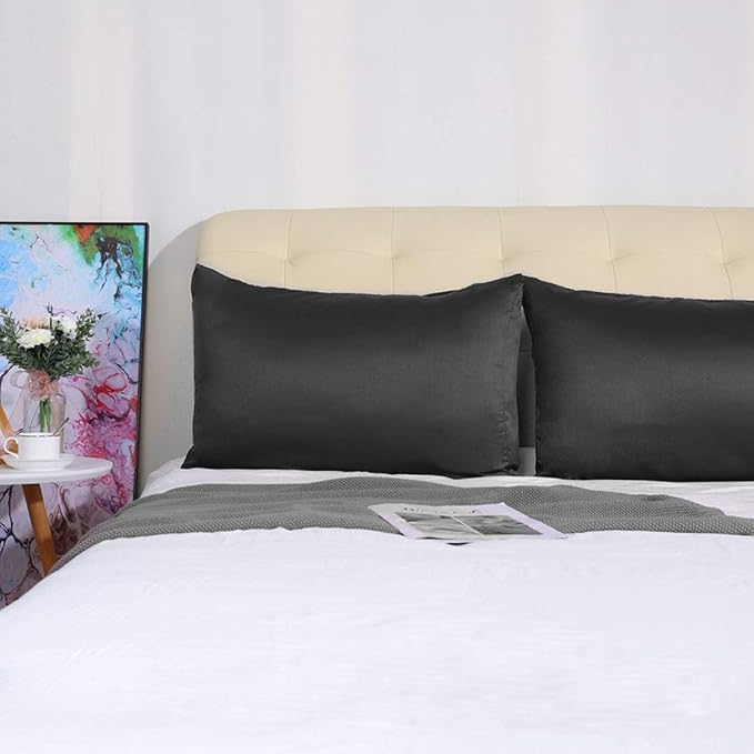 uxcell 2 Pack Silk Satin Pillowcase for Hair and Skin, Cool, Silky, Soft Breathable Pillow Cases Travel Size 14x20 Inch Sateen Pillowcase Black with Envelope Closure