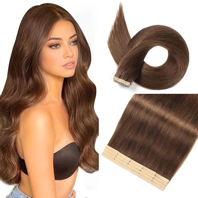 Tape in Hair Extensions Human Hair 16 Inch 20pcs Invisible Tape ins Hair Extensions Real Human Hair Chocolate Brown Remy Seamless Injected Tape Extensions