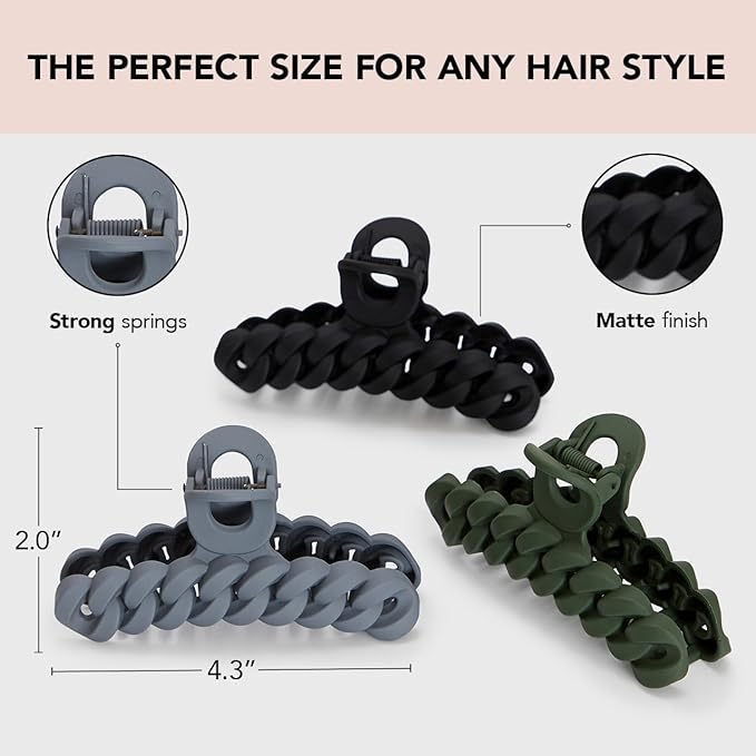 Kitsch Recycled Plastic Large Claw Clip, Big Chain Hair Clips for Women, Big Claw Clips for Thick Hair | Ideal Gifts for Women (3pc Set Black/Moss)
