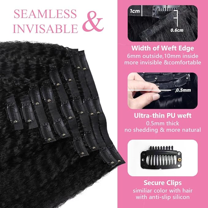 Seamless Clip In Hair Extensions Human Hair Invisible Pu Skin Weft Kinky Straight Seamless Clip Ins For Black Women Real Human Hair Extensions 8pcs With 18clips Per Set 120g (20inch,Natural Black)