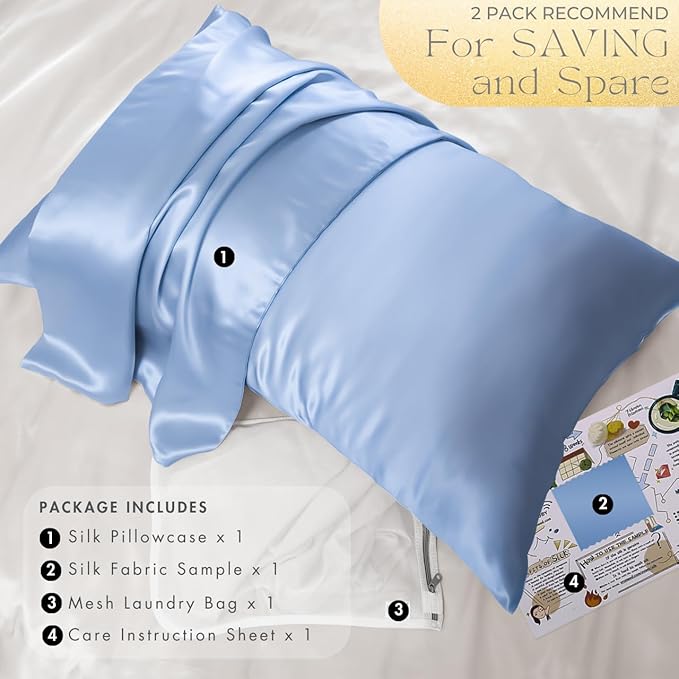 PROMEED Real 23 Momme 100% Silk Pillowcase for Hair and Skin, Both Sides Cooling Premium Grade 6A+ Mulberry Silk Pillow Case with Zipper, 1pc (Queen 20"x30", Light Blue)