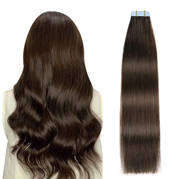 SUYYA Tape in Hair Extensions Human Hair Brown 100% Real Human Hair 12 inches 20pcs 40g/pack Straight Seamless Skin Weft Tape in Hair Extensions(12 inches #2 Darkest Brown)