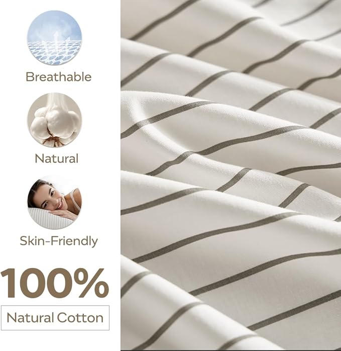 JELLYMONI 100% Natural Cotton Striped Standard Pillowcases Set, 2 Pack White with Thin Gray Vertical Stripes Pattern Printed Pillow Covers with Envelope Closure (Pillows are not Included)