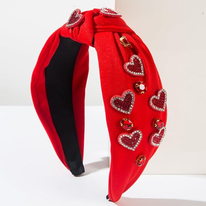 Valentine's Day Rhinestone Heart Headband, Red Fabric Hair Accessory with Crystal Beaded Hearts, Holiday Hair Fashion Accessories for Women Christmas New Year Gift