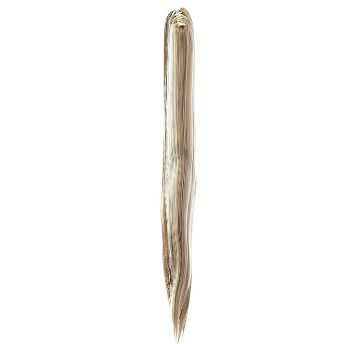 SWACC 28-Inch Long Straight Claw Clip Ponytail Extensions Synthetic Hair Extensions Ponytail Jaw Clip Hair Pieces for Women (Dark Honey Blonde/Bleach Blonde Highlights-16H613)