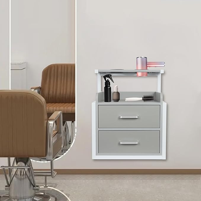 Suspended Salon Station for Hair Stylist, Wall Mounted Styling Salon Station Storage Cabinet w/2*Drawers &Hair Dryer Stand,Floating Nightstand Stylist Storage Cabinet for Home (Gray+ Silver)