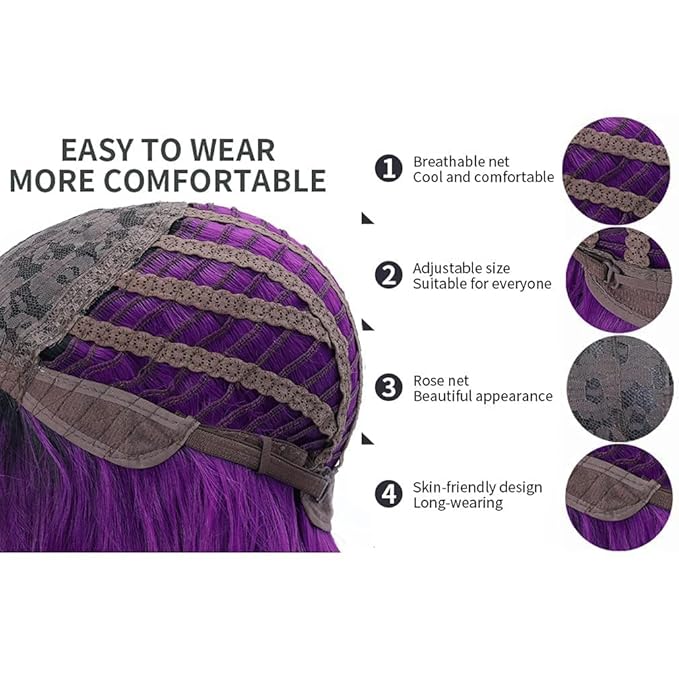 BERON 14 Inches Purple Wig for Women Short Curly Wig Dark Purple Wigs Synthetic Wigs with Bangs Hairnet Include