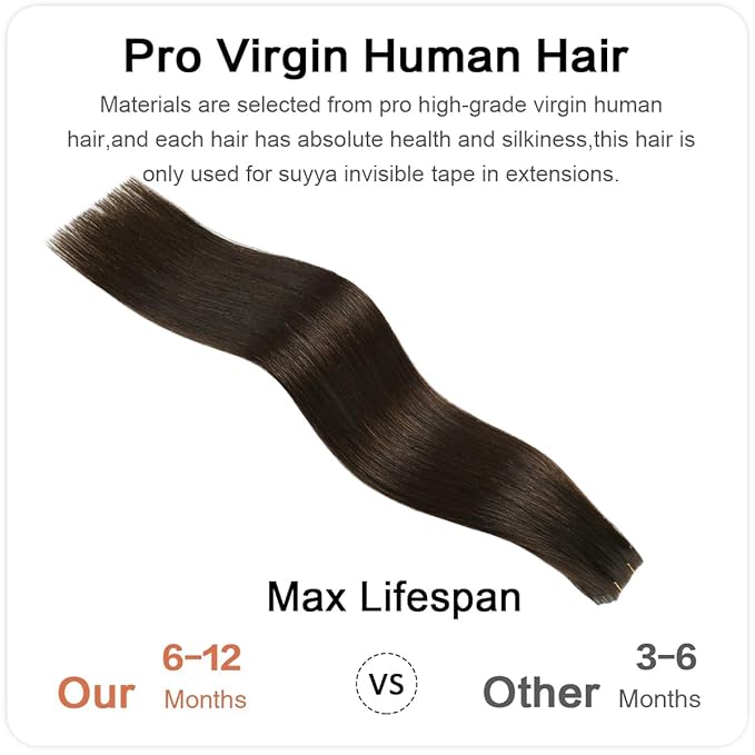 SUYYA Invisible Tape in Hair Extensions Human Hair Darkest Brown Seamless Injected Hand-Tied Pro Quality Virgin Human Hair 20PCS 50G/Pack Straight Tape Ins(20 inch #2 Darkest Brown)