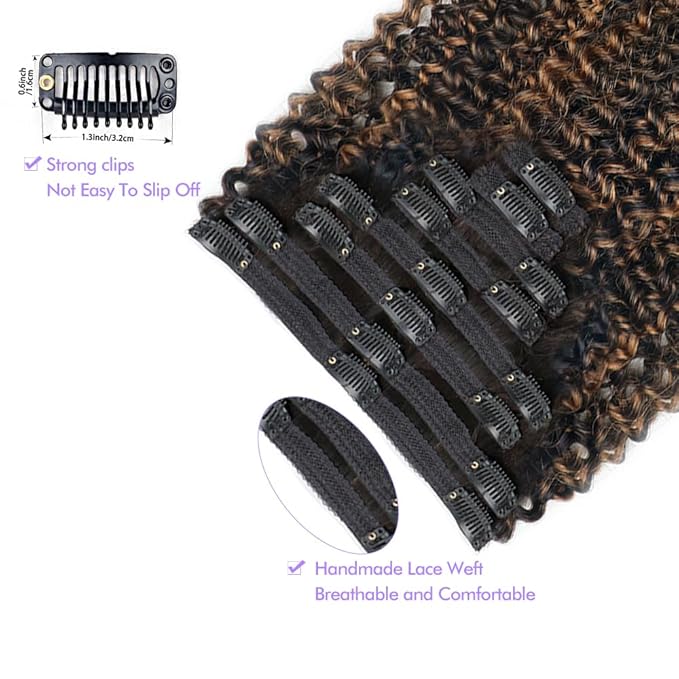 FB30 Highlight Ombre Curly Clip In Extension Human Hair 3C 4A Kinky Curly Clip Ins Full Head for Black Women Brazilian Remy Human Hair Balayage Brown 8Pcs with18clips 120g/Set (24 inch)