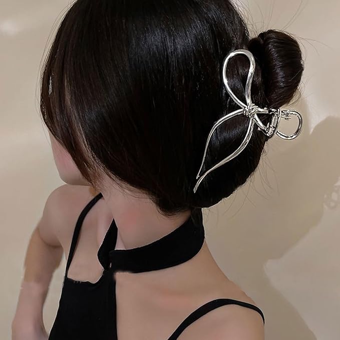 Silvery Bowknot Metal Hair Clips - Elegant Non-Slip Strong Hold Grip Jaw Clips for Thick Hair Accessories