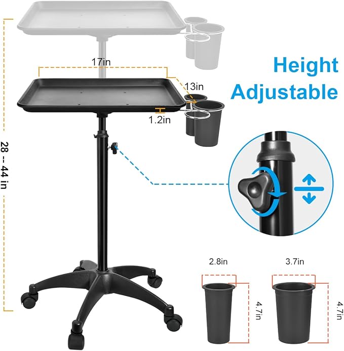 JOSTZHXIN Salon Rolling Tray, Tattoo Tray Rolling Cart, Height Adjustable Styling Tray, Service Storage Tray Trolley for Beauty Salon Clinic Spa,Black-with Cup Holder
