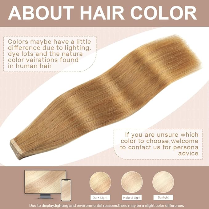 Tape in Hair Extensions Human Hair 16 Inch 20pcs Invisible Tape ins Hair Extensions Real Human Hair Caramel Blonde Remy Seamless Injected Tape Extensions