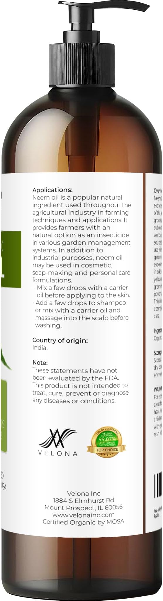 velona Neem Oil USDA Certified Organic - 8 Fl Oz | 100% Pure and Natural Carrier Oil | Virgin, Unrefined, Cold Pressed | Hair, Body and Skin Care | Use Today - Enjoy Results