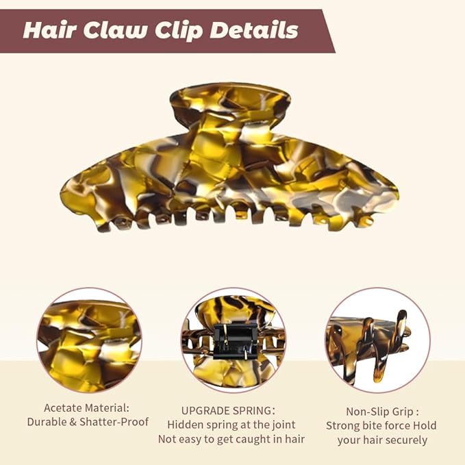 French Hair Claw Clips for Women Grils,4 Inch Strong Hold No Slip Grip Accessories Acetate Material,Not Easily Damaged,Thick or Thin Hair (Gold)