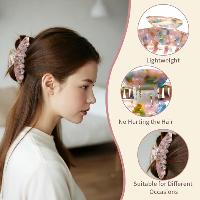 French Hair Claw Clips for Women Grils,4 Inch Strong Hold No Slip Grip Accessories Acetate Material,Not Easily Damaged,Thick or Thin Hair (Pink & Blue)