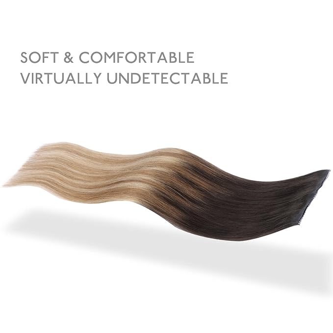 WENNALIFE Lace Seamless Clip in Hair Extensions Human Hair 7pcs Ultra Invisible 50% Thinner Seamless Clip Ins Dark Brown to Chestnut Brown and Dirty Blonde Highlighted Natural Remy Hair 14 inch
