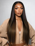YIROO V Part Wig Human Hair No Leave Out Ombre Chestnut Brown Yaki Straight Glueless Human Hair Wig Upgrade U Part Wigs for Women V Shape Clip in Half Wig No Glue No Sew in Beginner Wig 18inch