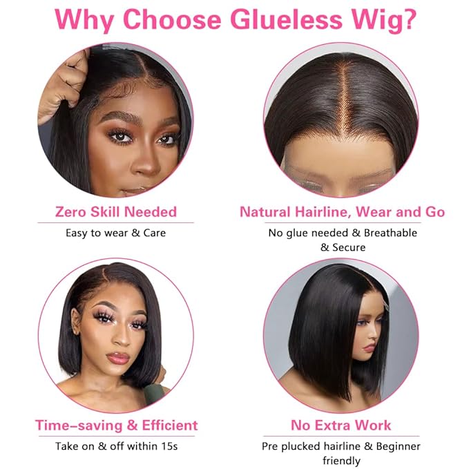 Wear and Go Glueless Bob Wig, 14 Inch, 180% Density, Human Hair, Natural Black, No Shedding, No Tangle, Adjustable Elastic Cap