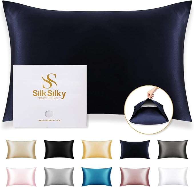 SilkSilky 100% Mulberry Silk Pillowcase - Pure 22 Momme High-Grade 6A Fibers for Hair & Skin, Envelope Closure, Natural, Organic, Breathable & Cooling Pillow Case (Queen, Dark Blue)