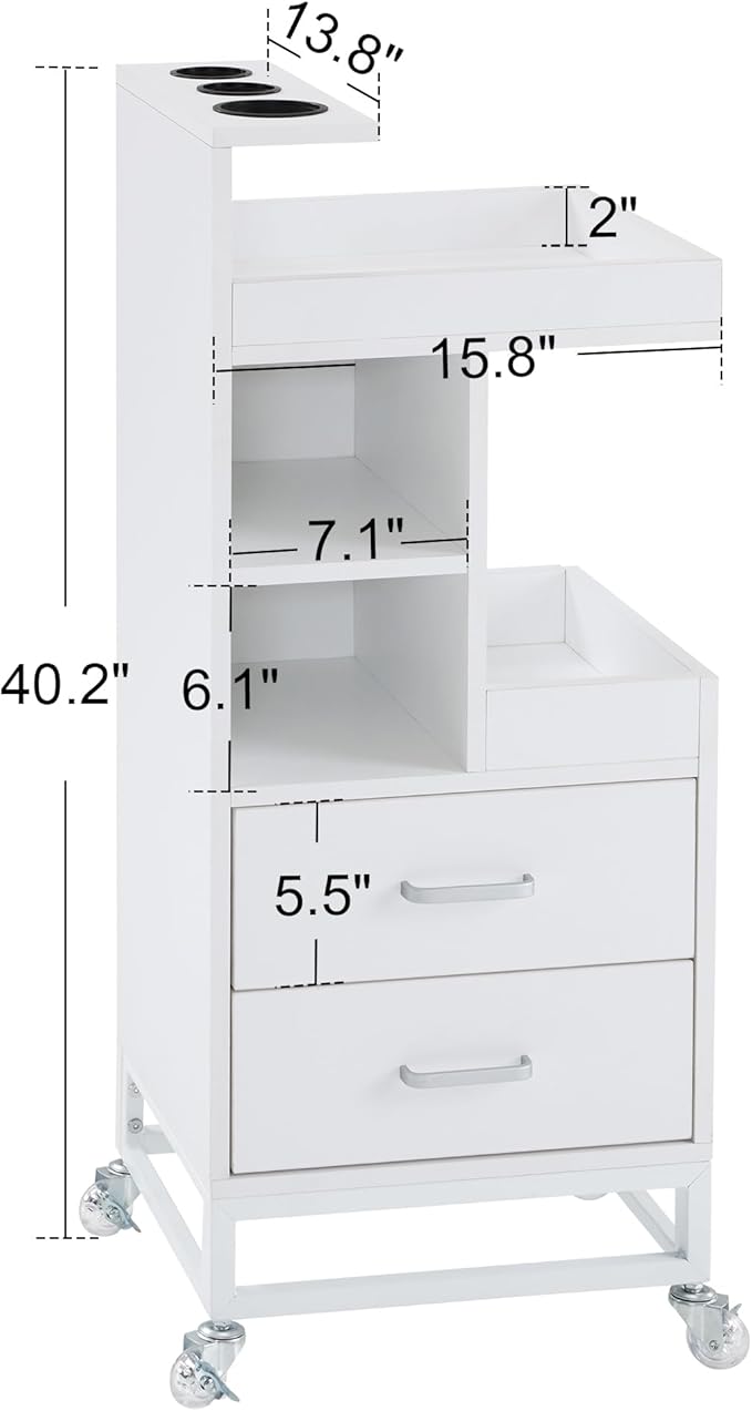 BarberPub Salon Storage Rolling Trolley Cart, Barber Mobile Station for Hair Stylist with Lockable Wheels & Tool Holders, Beauty 6 Tier Utility Organizer for Spa Supplies 2496 (White)