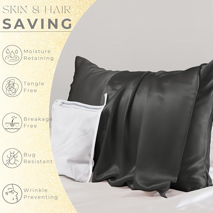 PROMEED 23 Momme Silk Pillowcase 2 Pack with Zipper, 3rd Gen Grade 6A+ 100% Mulberry Silk Pillow Case Set of 2, Cooling Pillow Cases for Hot Sleepers (Queen 20"x30", Black)