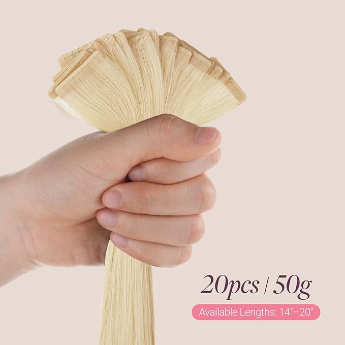 GOO GOO Genius Tape in Hair Extensions, Hand Tied Tape Weft, 60A Platinum Blonde, 20inch 50g 20pcs, Remy Human Hair, Seamless Invisible Tape, Natural Blend, Lightweight