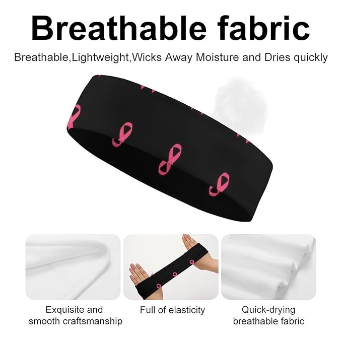 Headband Non Slip Sports Sweatband for Men & Women (Neon Pink Ribbon Breast Cancer Awareness)