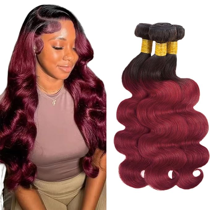 99j Bundles Human Hair Ombre Red Body Wave Bundle Niegmeag Brazilian Virgin Remy Hair 3 Bundles 18 20 22 Inch Double Weft 2 Tone Black and Burgundy Bundle Hair Weave