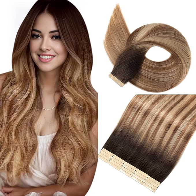 Tape in Hair Extensions Human Hair 16 Inch 20pcs Invisible Tape ins Real Human Hair Chestnut Brown to Mixed Dirty Blonde Remy Seamless Injected Tape Extensions