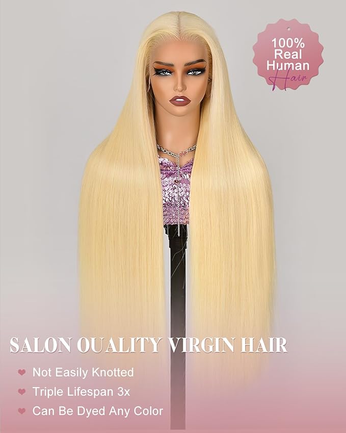 Alididi 613 13x6 Lace Front Wig Human Hair 30 Inch 180 Density Blonde Wig Human Hair Straight 100% Real Human Hair True Length Random Dyeing No Tangle No Shedding No synthetics Triple Lifespan 3x