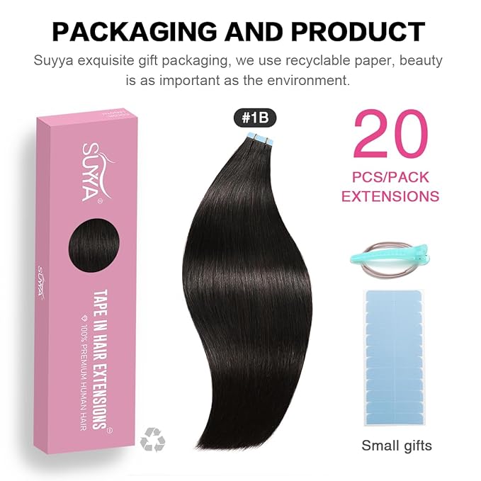 SUYYA Tape in Hair Extensions Remy Human Hair 14 inches 40g/pack 20pcs Straight Seamless Skin Weft Natural Black Tape in Extensions Human hair(14 inches #1B Off Black)