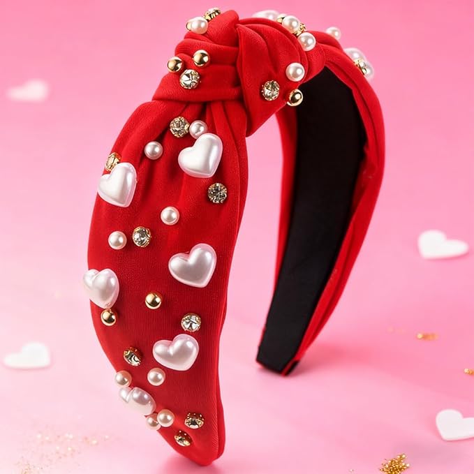 Valentines Day Red Pearl Headband for Women, Wide Rhinestone beaded Headbands Non Slip Knotted Fashion Hair Accessories for Christmas Valentines New Year Gifts