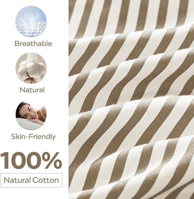 JELLYMONI 100% Natural Cotton Striped King Pillowcases Set, 2 Pack White and Khaki Stripes Pattern Printed Pillow Covers with Envelope Closure(Pillows are not Included)