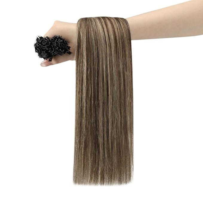 YoungSee U Tip Hair Extensions Human Hair Highlight Brown with Blonde Utip Hair Extensions Human Hair Brown U Tip Hair Extension Highlight Keratin Hair Extension for Women 16In 1G/S 50G
