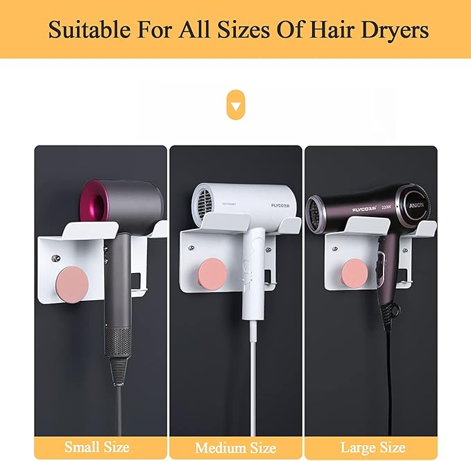 Hair Dryer Stand Holder Wall Mounted, New Upgrade Punching or Nails Free Glue Two Ways to Use,Blow Dryer Holder Rack Organizer for Dyson Supersonic Hair Dryer(White+Pink)